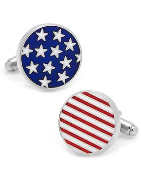 Patriotic Stars and Stripes Color Enamel Cuff Links - Silver Tone - Bullet Back