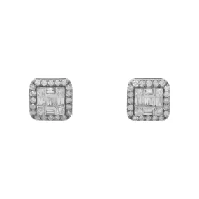 10K GOLD BAGUETTE AND ROUND DIAMOND CLUSTER SQUARE SHAPE EARRINGS 0.89 CTW