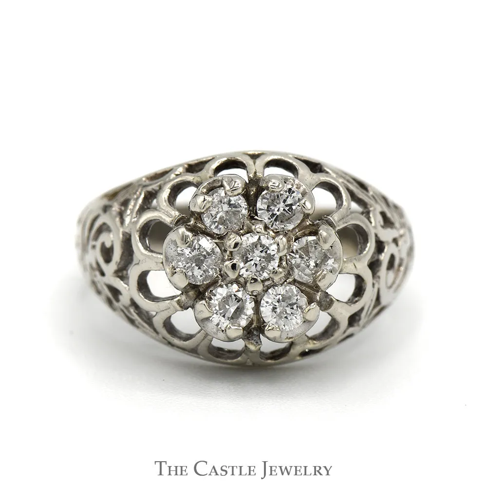 1/2cttw Kentucky Diamond Cluster Ring with Open Filigree Sides in 10k White Gold