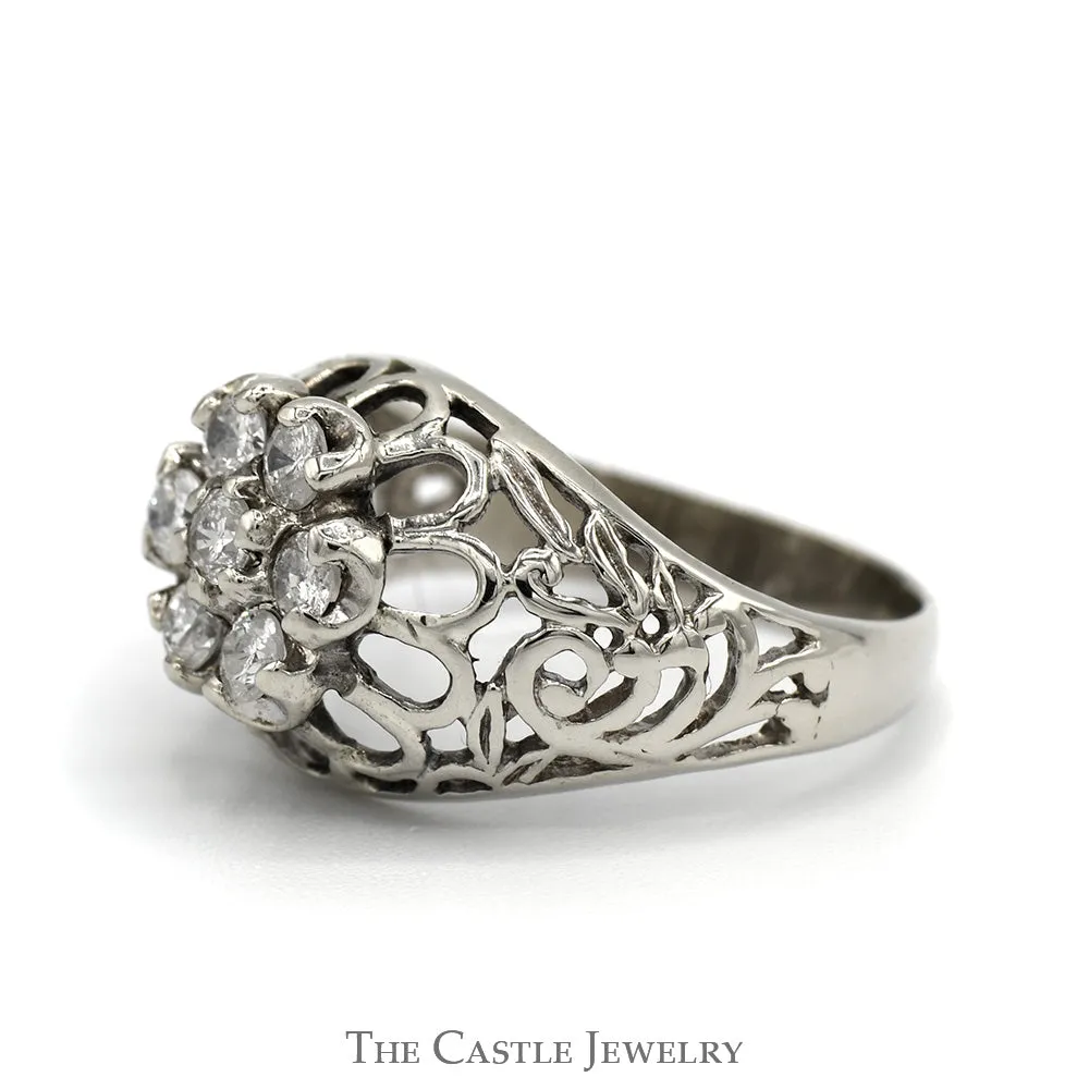 1/2cttw Kentucky Diamond Cluster Ring with Open Filigree Sides in 10k White Gold