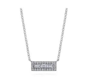 14K White Gold Baguette and Round Diamond Rectangle Pendant Necklace