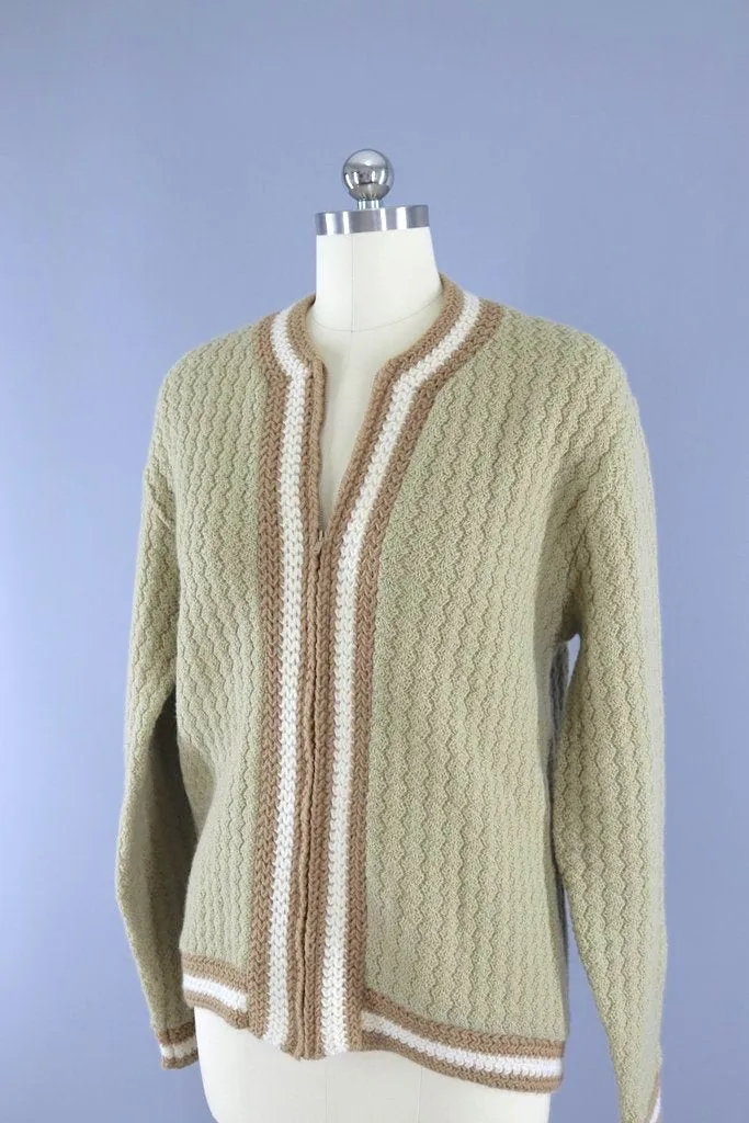 1960s Vintage Tan Wool Zip Front Cardigan Sweater