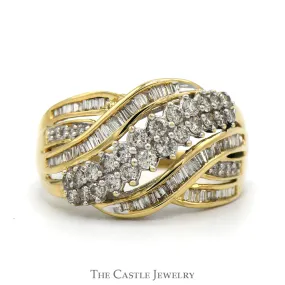 1cttw Multi Row Baguette & Round Diamond Cluster Ring with Interweaving Design in 10k Yellow Gold