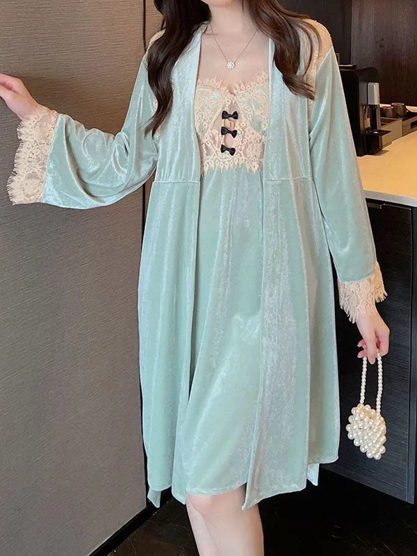 2pcs Solid Color Lace Velvet Pajamas