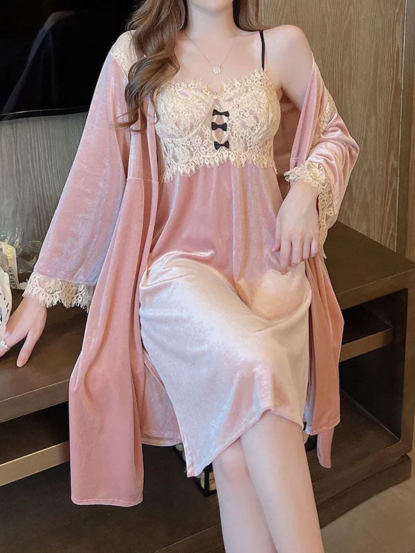 2pcs Solid Color Lace Velvet Pajamas