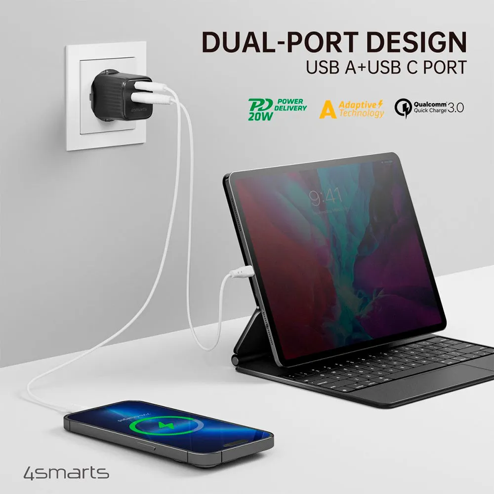 4Smarts VoltPlug Duos 20W PD Vægoplader - 1 x USB-A & 1 x USB-C - Sort