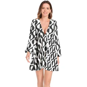 Abstact Print Lantern Sleeve Deep V-Neck Short Dress