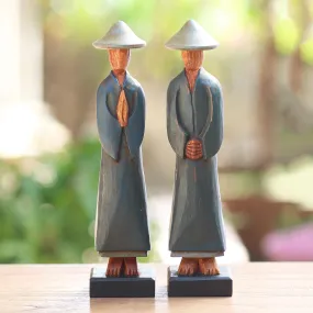 Agrarian Duo Hand Carved Dark Green Robed Wood Farmer Statuettes (Pair)