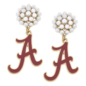 ALABAMA CRIMSON TIDE PEARL CLUSTER ENAMEL DROP EARRINGS