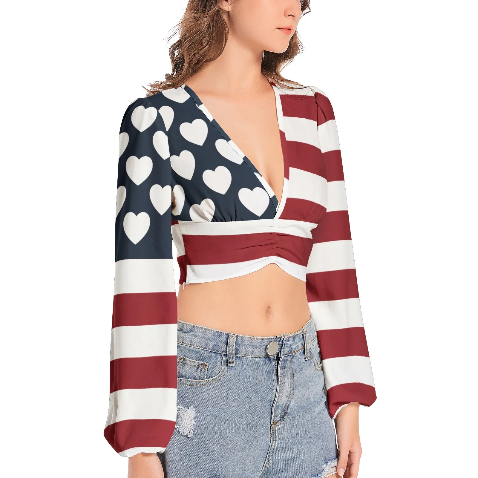 Americana USA Women's Deep V-Neck Lantern Sleeve Crop Top