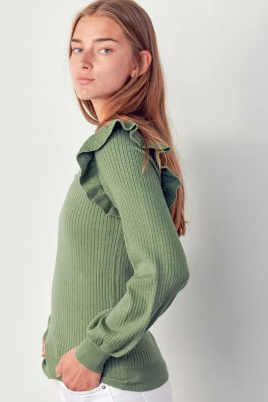 Avocado Shoulder Ruffle Crewneck Sweater