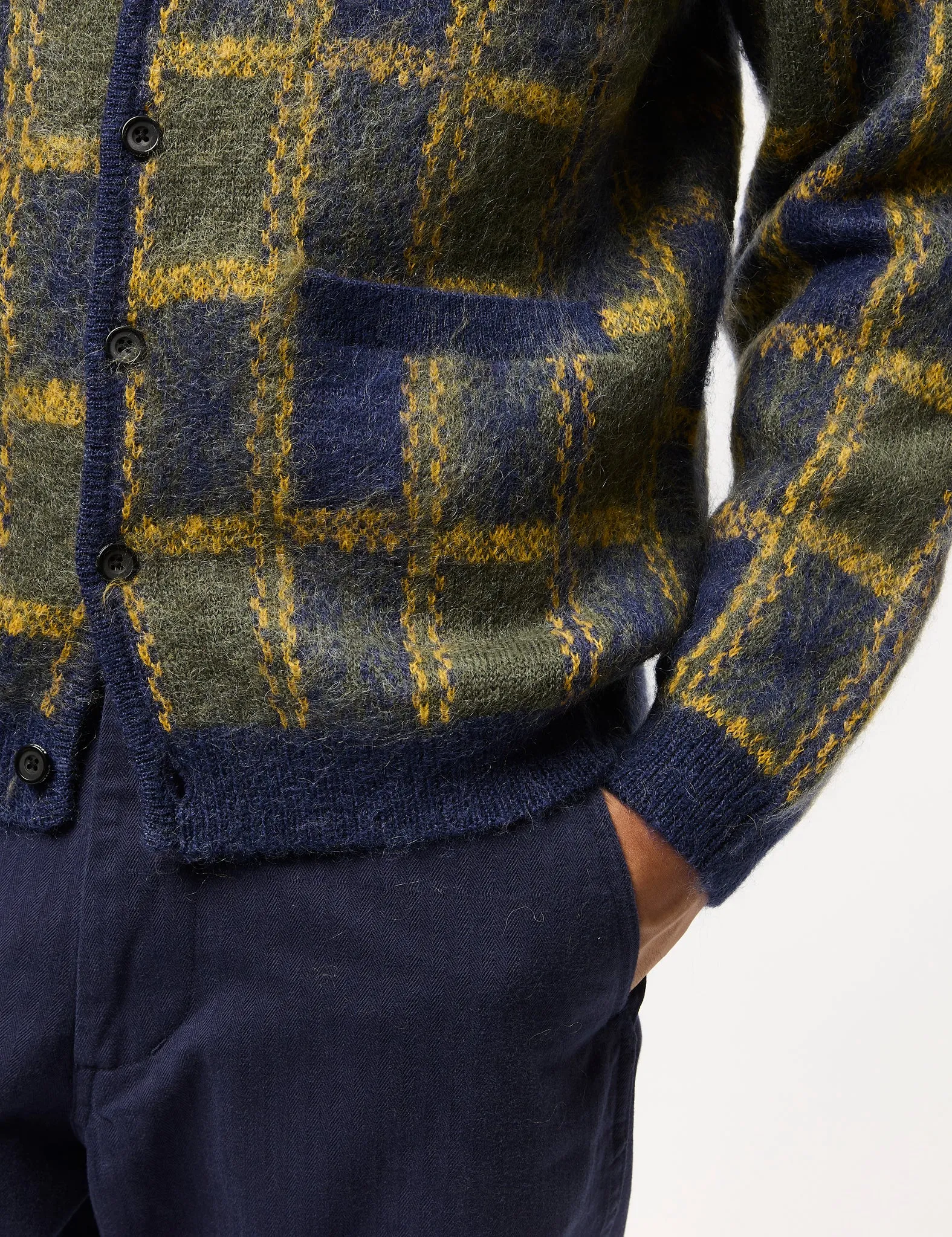 Beams Plus Check Pattern Cardigan (Jacquard) - Navy Blue