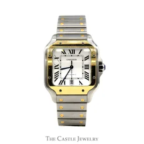 Cartier Santos Large Model Two Tone Designer Watch in 18k Yellow Gold & Stainless Steel with Extras