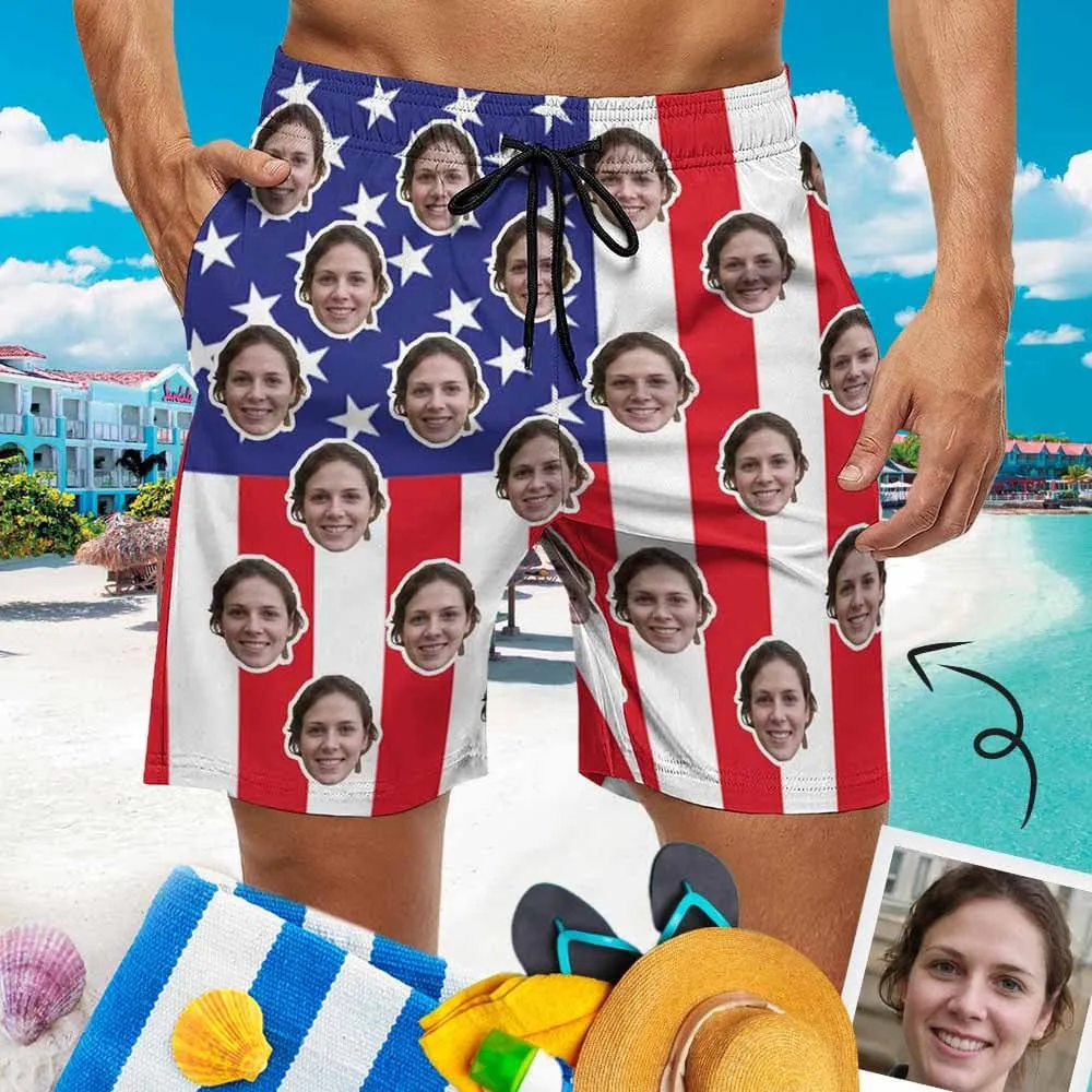 Couple Matching Beach Shorts&Plus Size Swimsuit Custom Face US Flag Personalized Photo Men's Quick-drying Beach Shorts