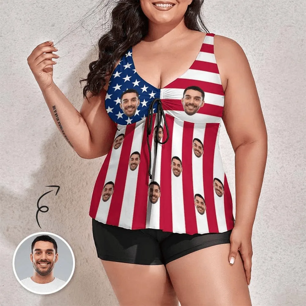 Couple Matching Beach Shorts&Plus Size Swimsuit Custom Face US Flag Personalized Photo Men's Quick-drying Beach Shorts