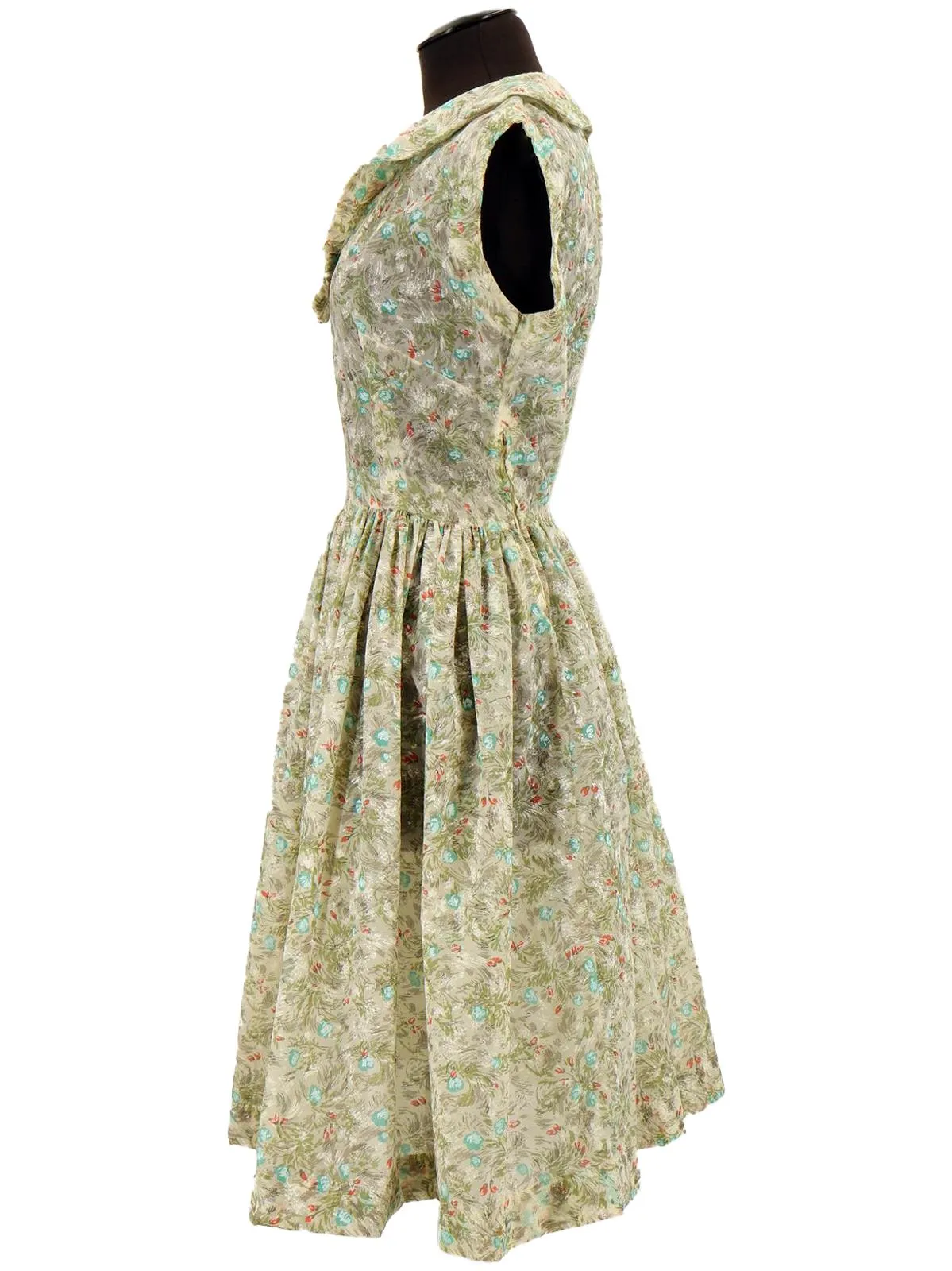 Crimped Nylon Rose Print Fifties Dress