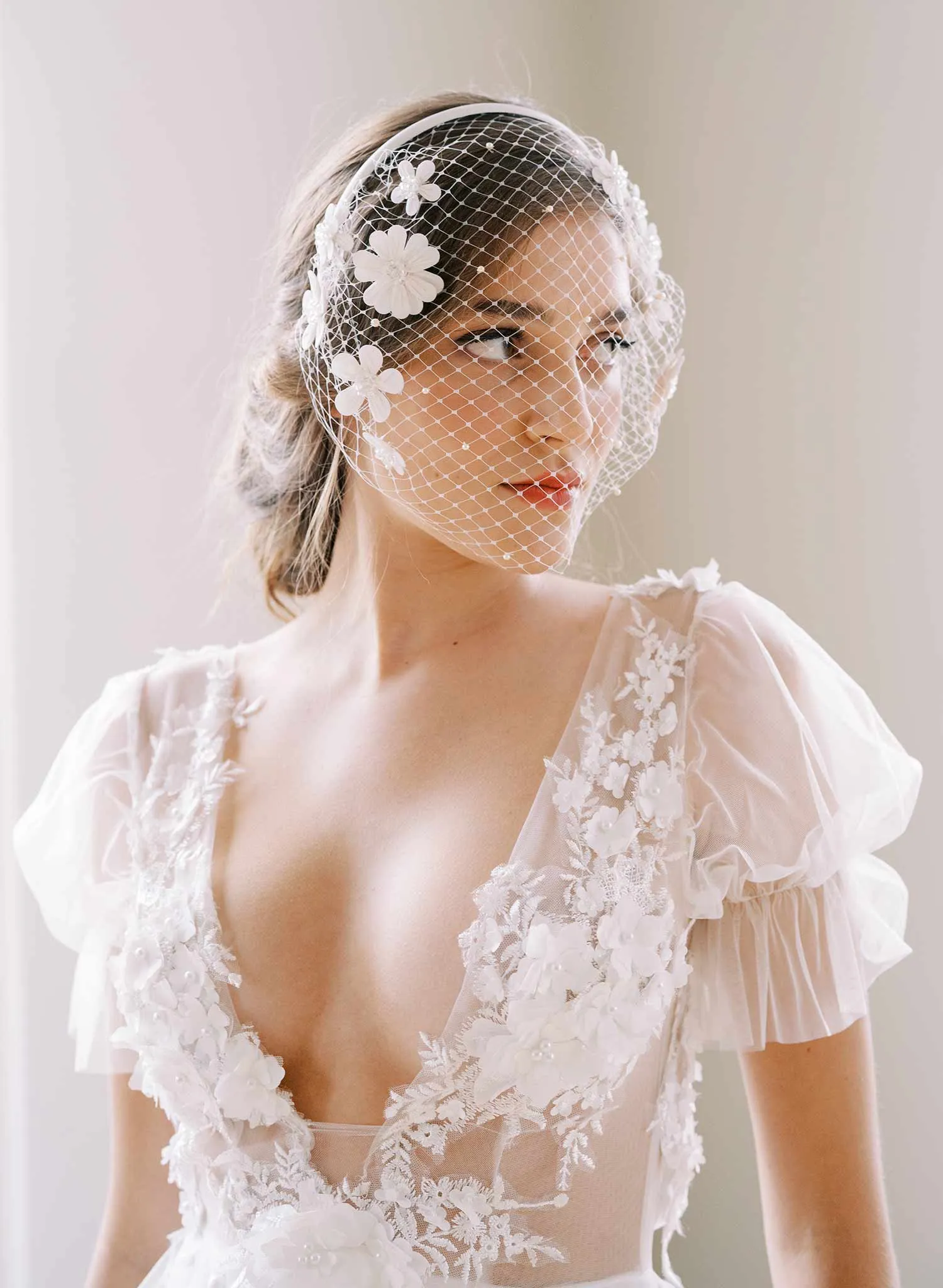 Embroidered primrose headband birdcage veil - Style #2449