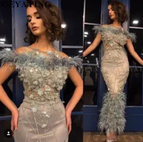 feather evening dresses 2020 beaded Lace Applique khaki gray mermaid floral evening gown 2021