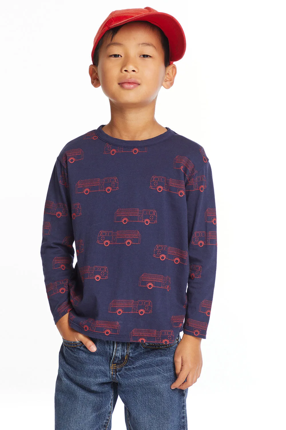 Fire Trucks Boys Long Sleeve Crew Neck Tee