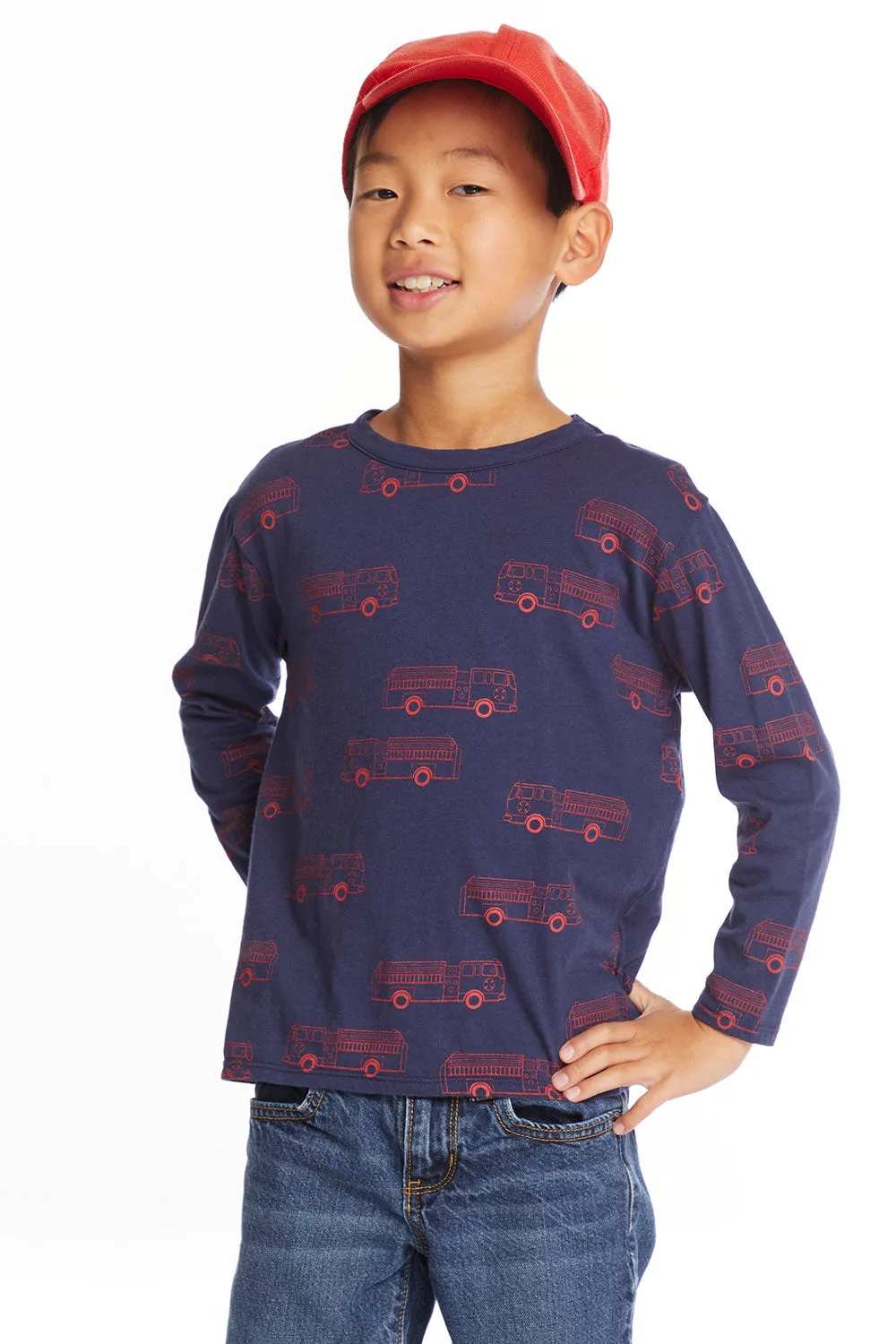 Fire Trucks Boys Long Sleeve Crew Neck Tee