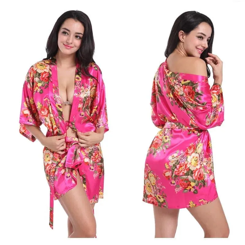 Floral Kimono Robe - Lightweight Polyester Summer Dress with Delicate Floral Pattern