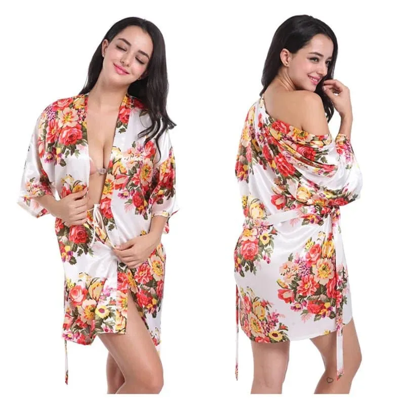 Floral Kimono Robe - Lightweight Polyester Summer Dress with Delicate Floral Pattern