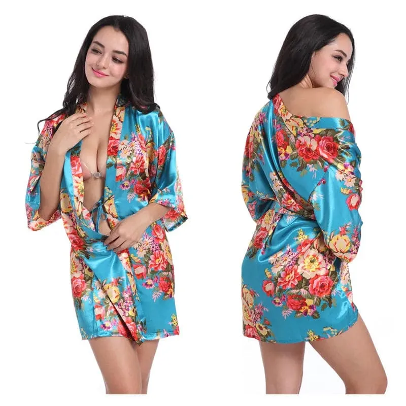 Floral Kimono Robe - Lightweight Polyester Summer Dress with Delicate Floral Pattern