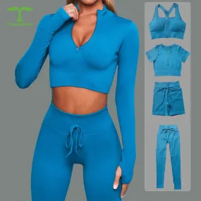 Front Zip Long Sleeve Crop Top Seamless Ribbed Texture Full Length High Waist Workout Fitness Legging workout clothes set