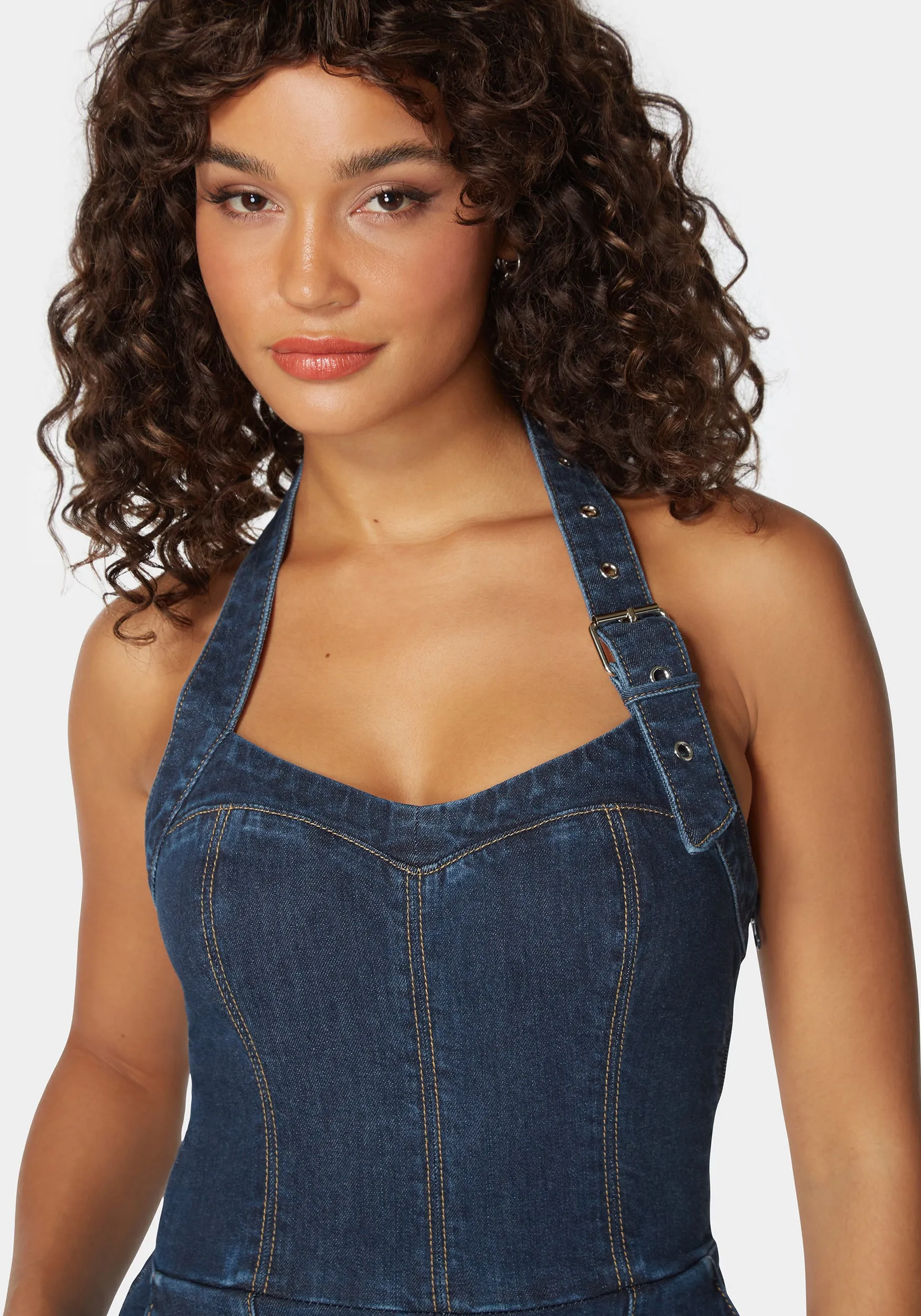 Halter Neck Buckle Detail Wide Leg Denim Jumpsuit