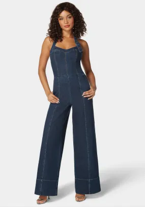 Halter Neck Buckle Detail Wide Leg Denim Jumpsuit