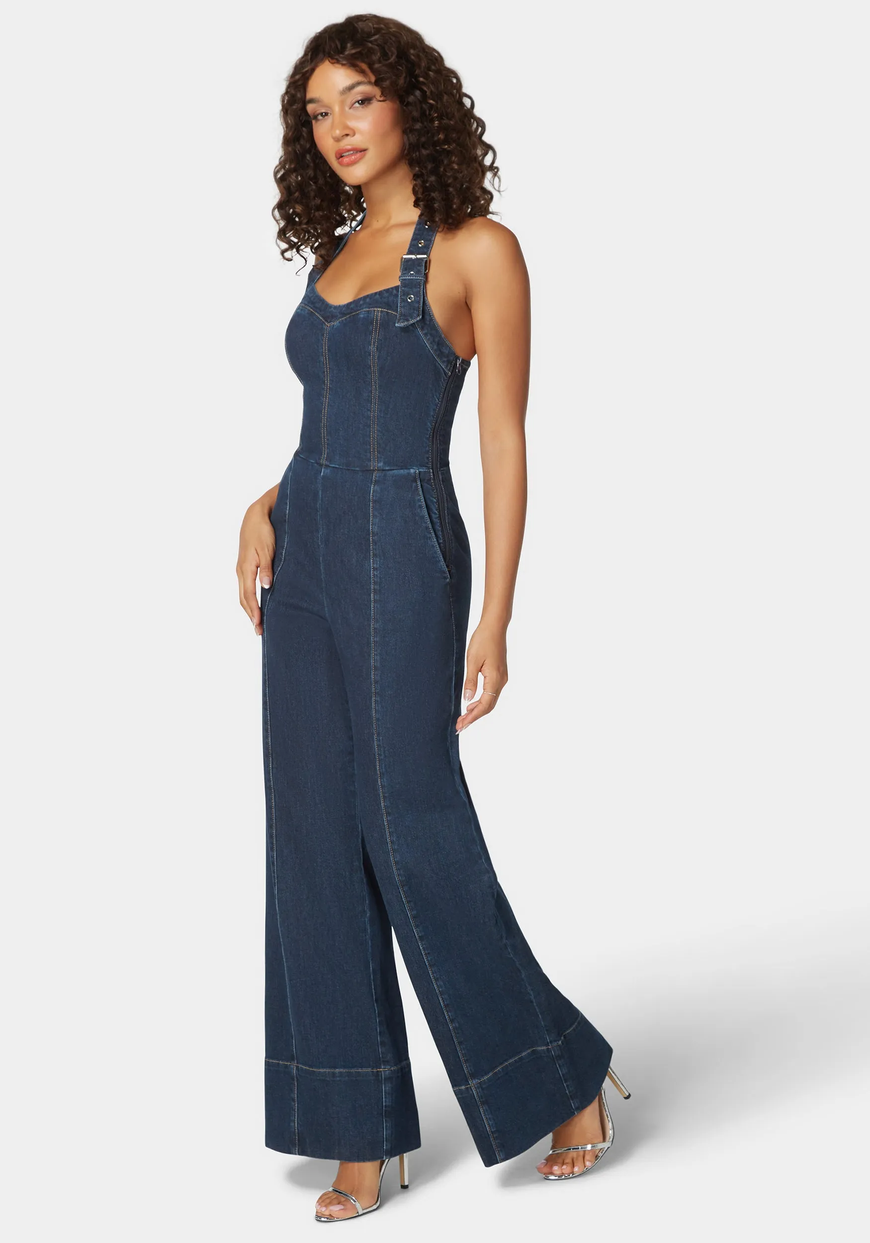 Halter Neck Buckle Detail Wide Leg Denim Jumpsuit