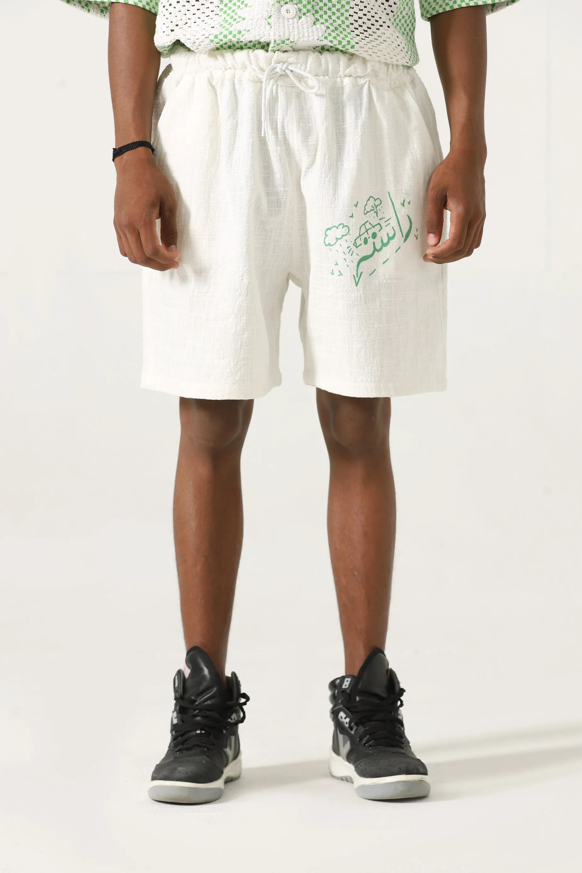 HANDWOVEN GREEN LOGO SHORTS