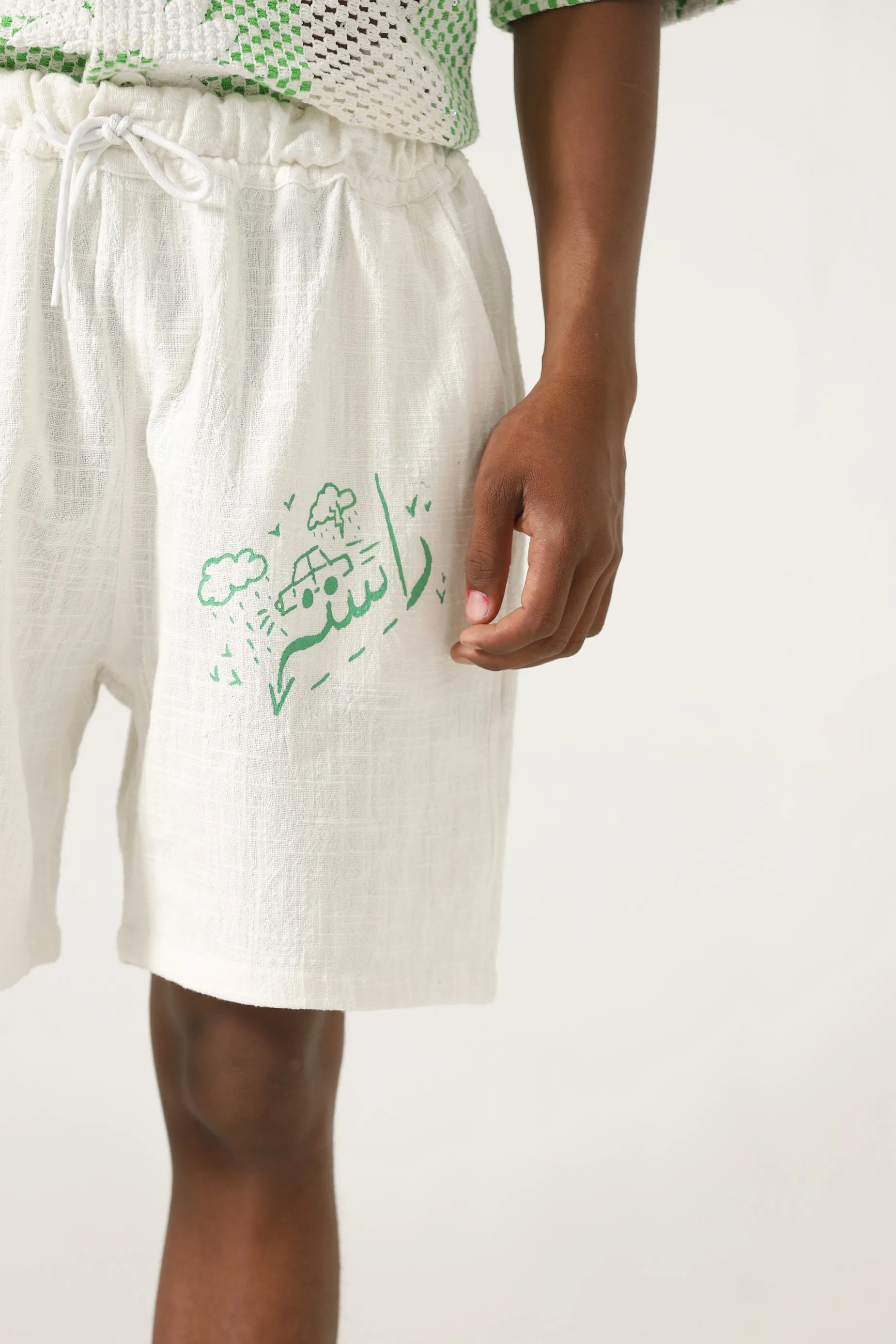 HANDWOVEN GREEN LOGO SHORTS