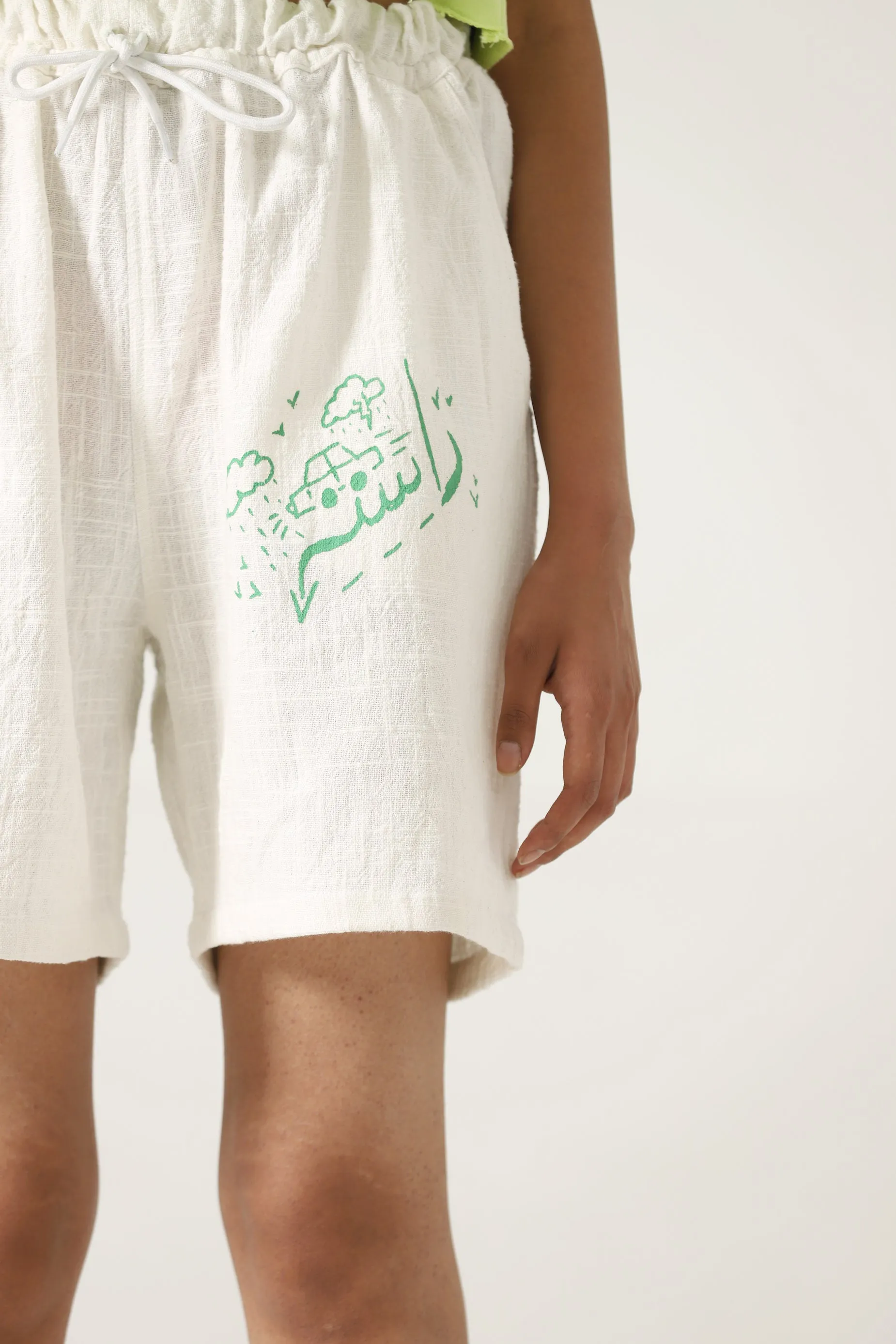 HANDWOVEN GREEN LOGO SHORTS