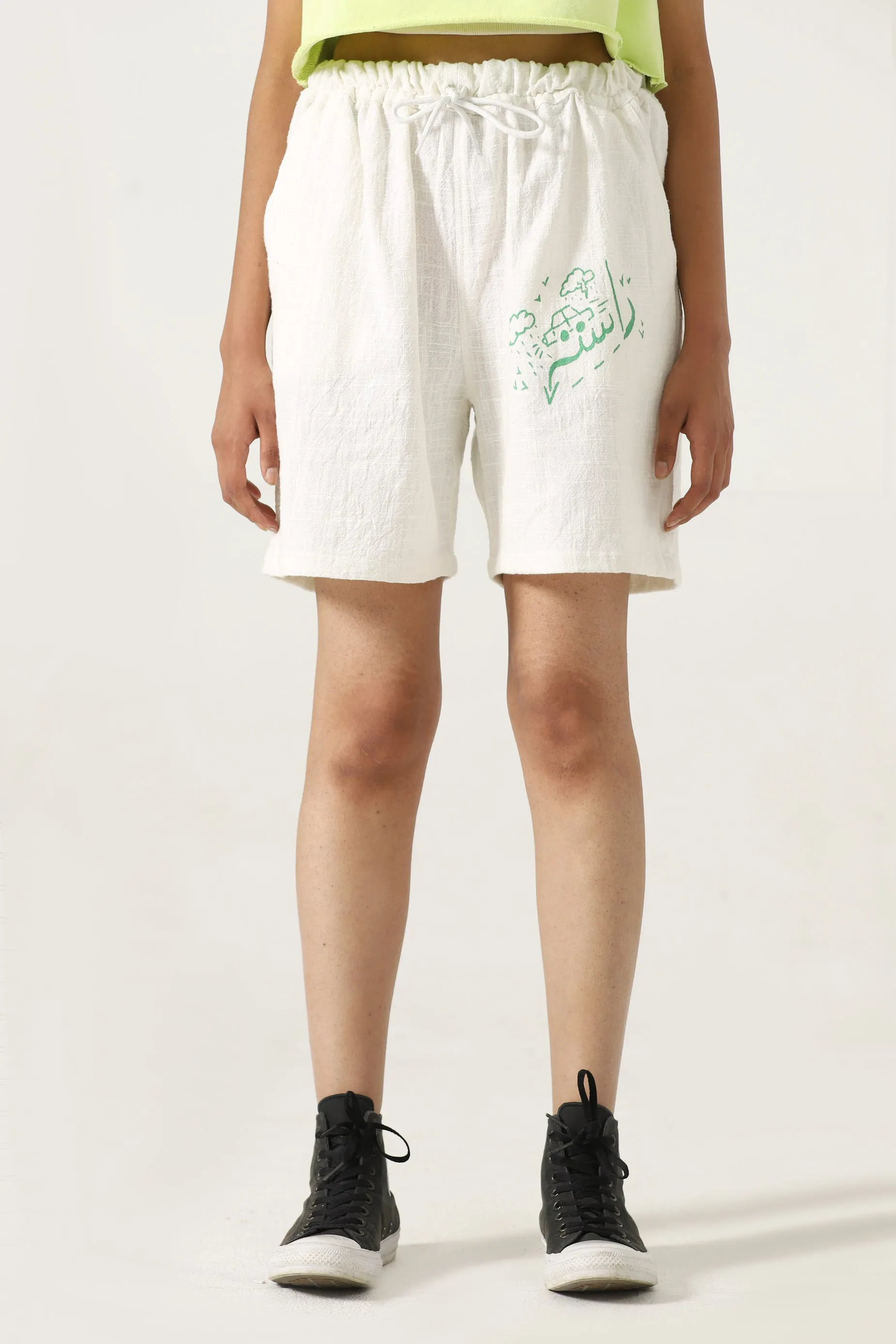 HANDWOVEN GREEN LOGO SHORTS