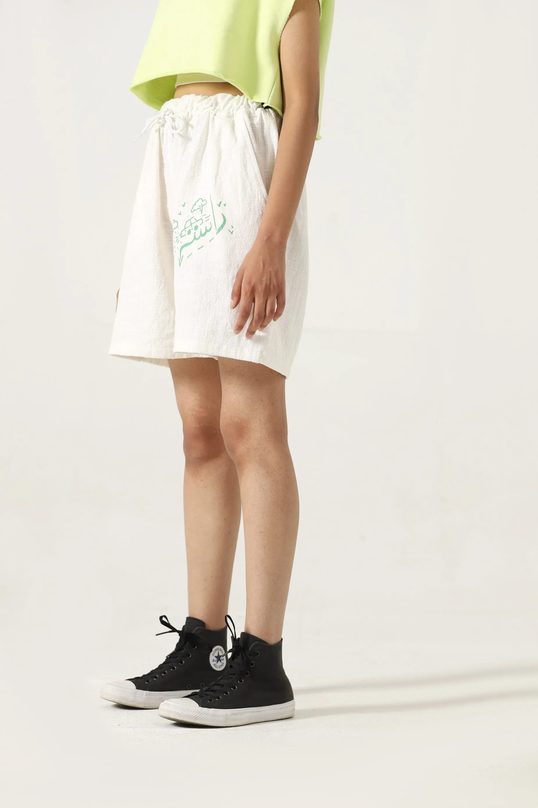 HANDWOVEN GREEN LOGO SHORTS