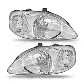 Headlight Assembly Compatible with 1999-2000 Honda Civic 2/3/4dr Models Chrome Housing White Reflector Pair