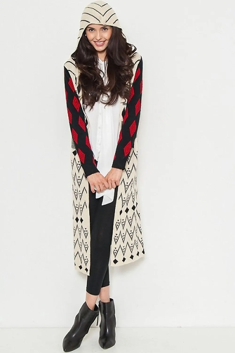 Ivory Red Tribal Aztec Open Front Hooded Cardigan Sweater