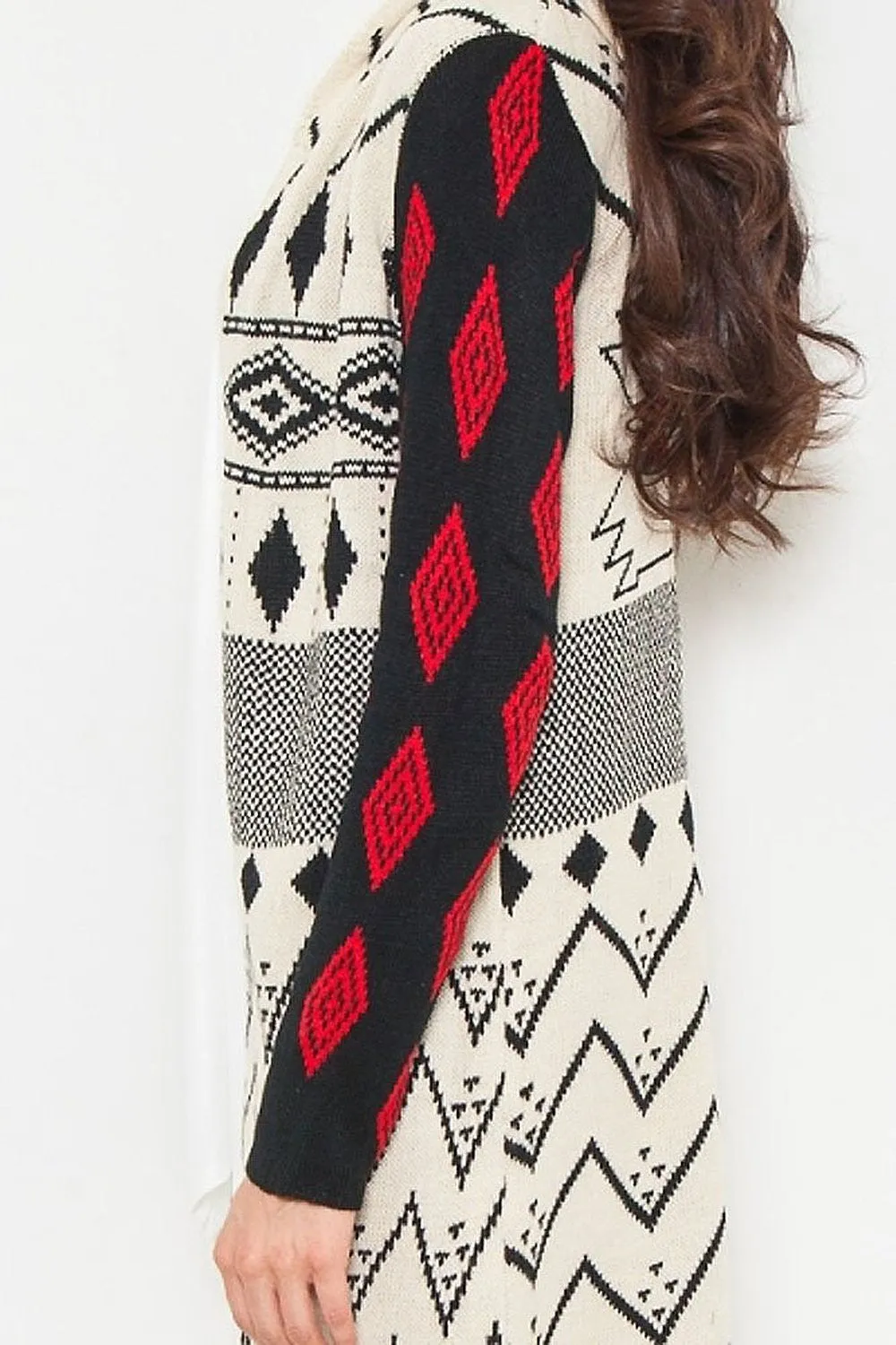 Ivory Red Tribal Aztec Open Front Hooded Cardigan Sweater