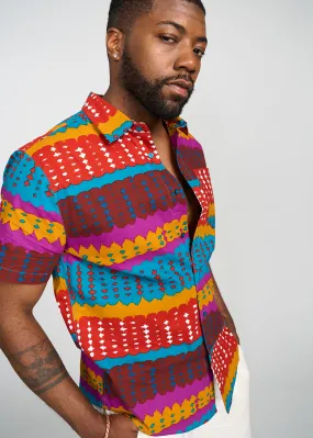 Keyon Men's African Print Button-up Shirt (Orange Teal Adire)