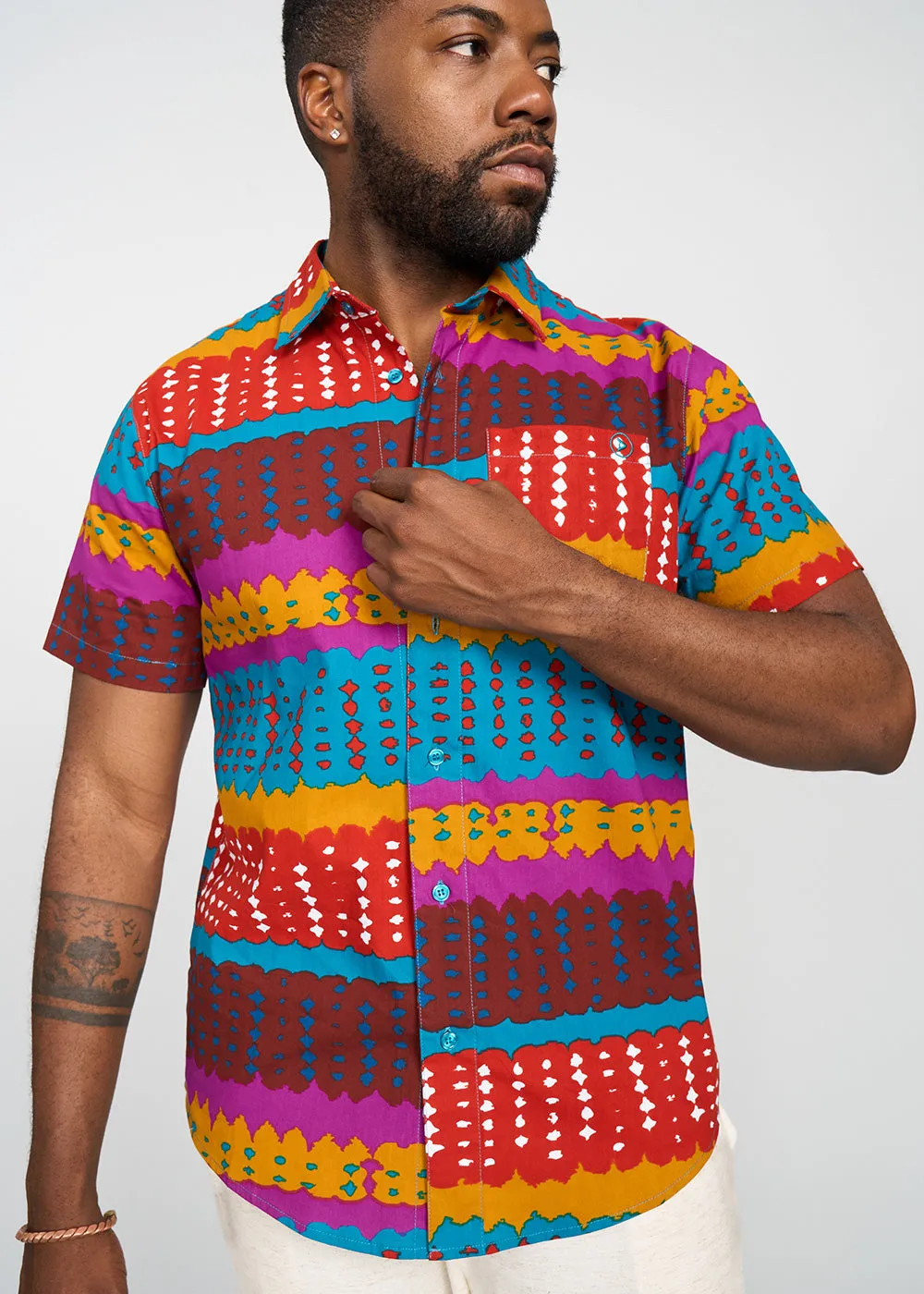 Keyon Men's African Print Button-up Shirt (Orange Teal Adire)