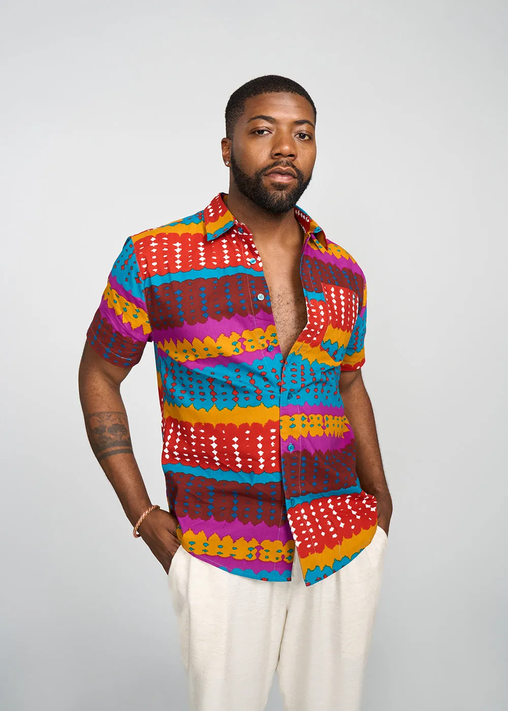 Keyon Men's African Print Button-up Shirt (Orange Teal Adire)