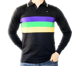 Mardi Gras Kids Black Long Sleeve Polo Shirt (Chest Stripes)