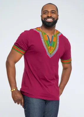 Men's African Print Dashiki T-Shirt (Deep Maroon)