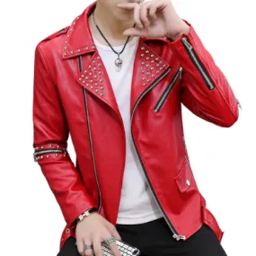 Men's Casual Autumn Slim Fit Handsome Rivet Oblique Zipper Leather Jacket Youth Trendy Motorcycle Leather Jacket