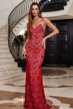 Naylet strappy crystallized rubi red french lace - Long Dress