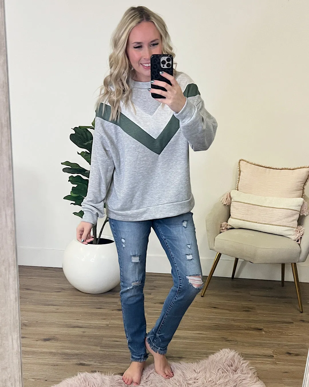 Pam Heather Gray and Green V Detail Sweatshirt FINAL SALE