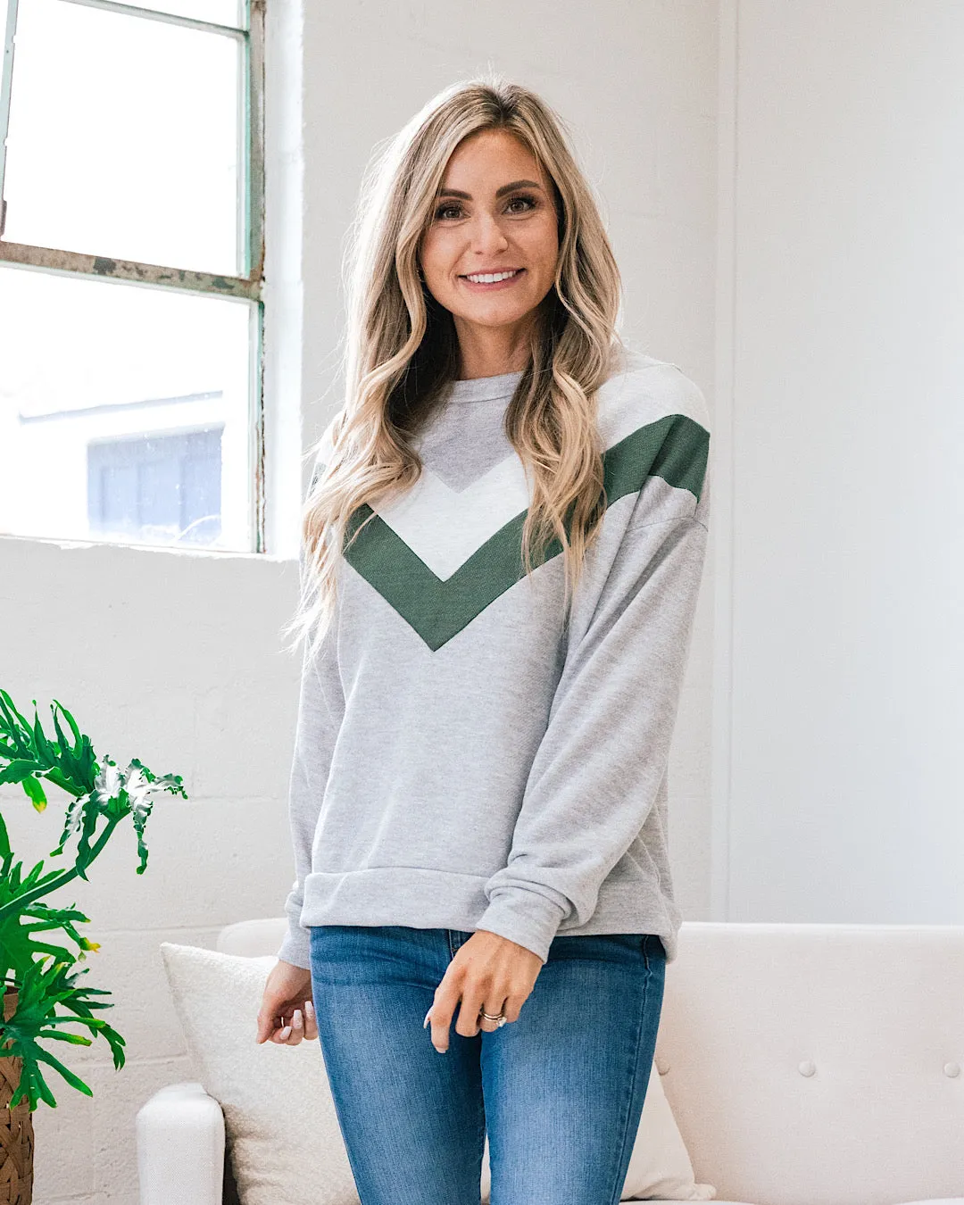 Pam Heather Gray and Green V Detail Sweatshirt FINAL SALE