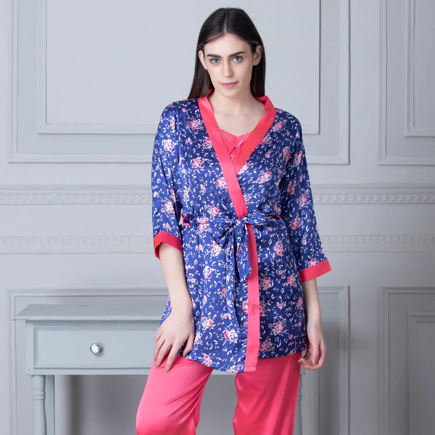 Satin Night suit with Floral Robe Blue