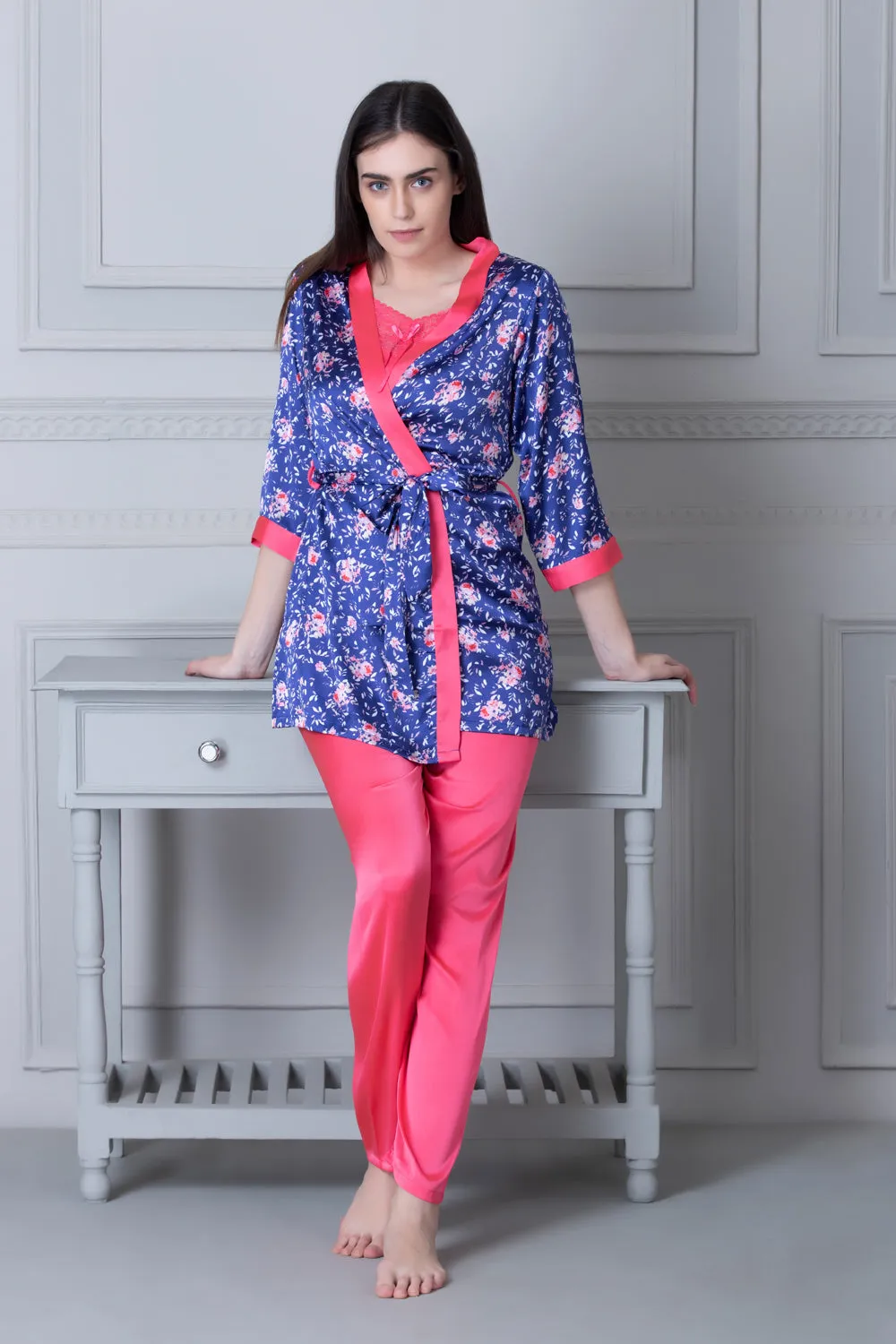 Satin Night suit with Floral Robe Blue